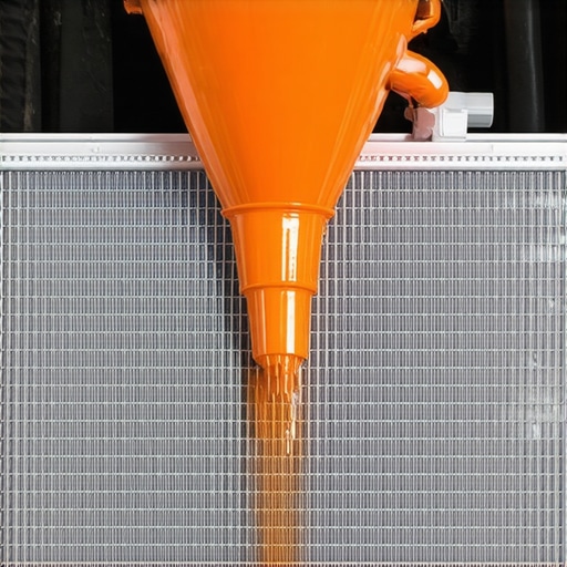 A spill-proof radiator funnel filled with orange coolant purging air bubbles from a car radiator
