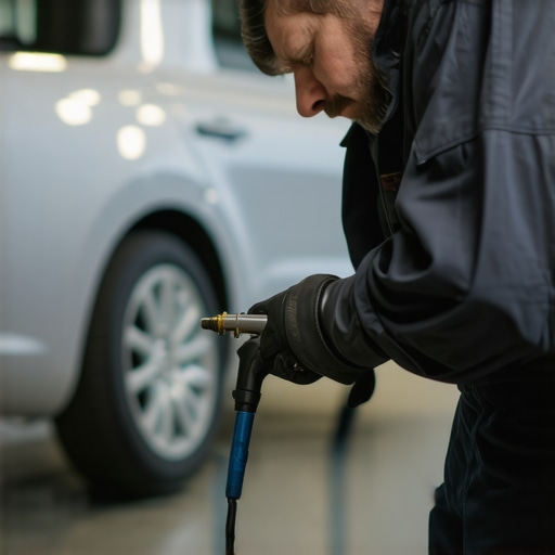 A mechanic testing a brake booster for vacuum leaks using a manual pump.