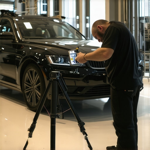 A mechanic performing a precision ADAS sensor recalibration to align safety systems with the vehicle's ride height.