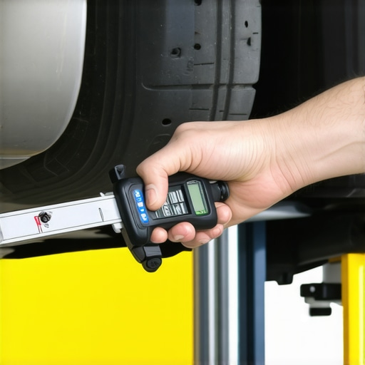 A mechanic measuring a worn control arm bushing under a car to diagnose inner tire wear