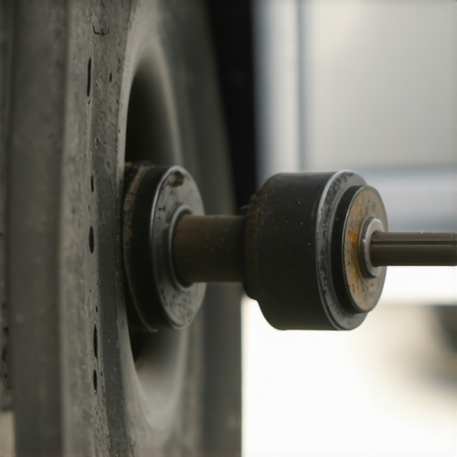 Close up of a pry bar testing a cracked rubber suspension bushing for excessive movement.