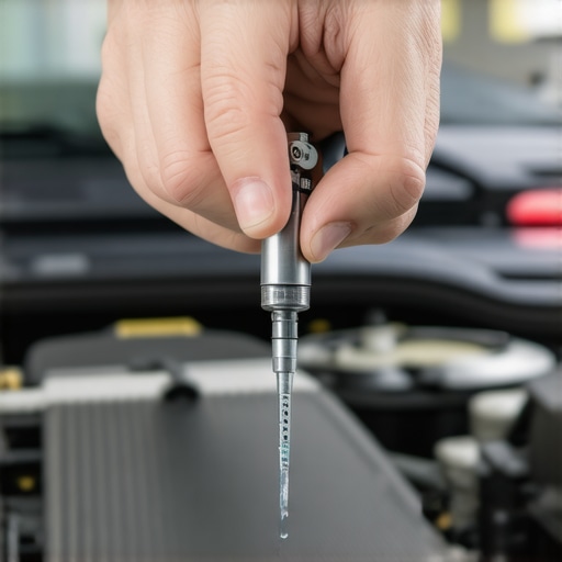 A mechanic using a refractometer to precisely measure engine coolant glycol levels during a professional tune up.