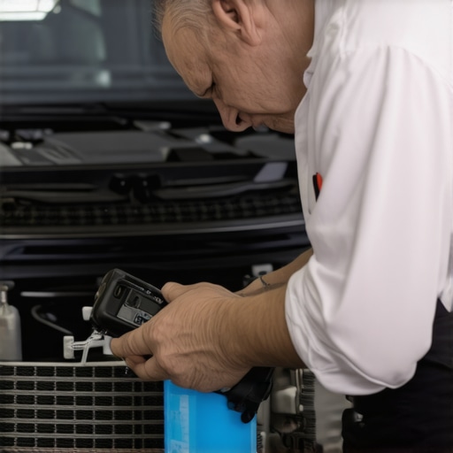 Technician using a chemical block tester to check for head gasket leaks during an auto repair diagnostic.