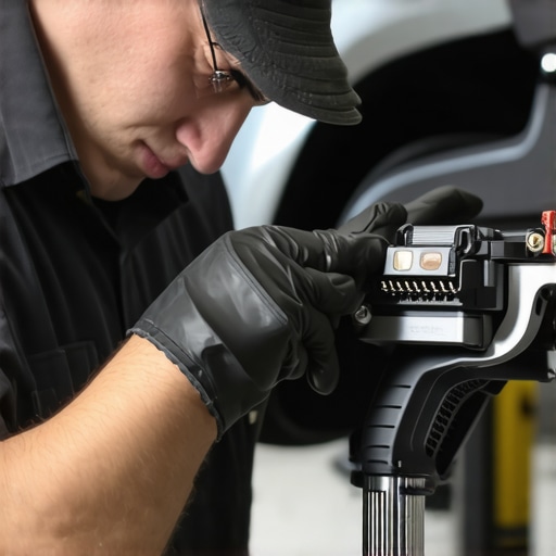 Mechanic holding a MAF sensor and using cleaner to remove carbon buildup.