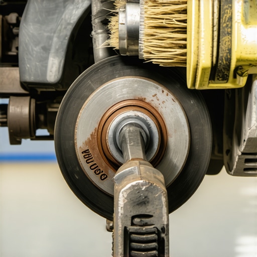 Mechanic scrubbing rust off a wheel hub to prevent brake rotor runout.