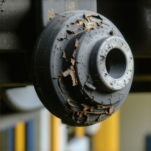 A detailed shot of a deteriorated suspension bushing showing cracks and dry rot common in aging cars.