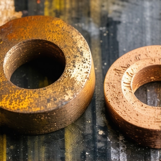 Close up of used and new copper crush washers for automotive brake systems