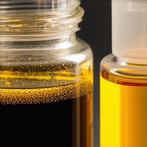 Visual comparison of new amber brake fluid versus dark contaminated fluid contaminated by moisture and copper.