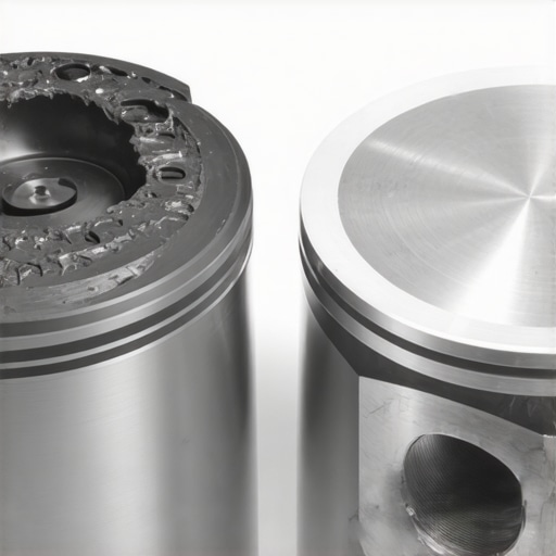 Close up of engine piston showing carbon deposits and pre-ignition damage vs a clean piston