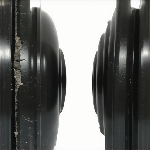 Comparison of worn vs new suspension bushings Close-up of a cracked and worn rubber suspension bushing