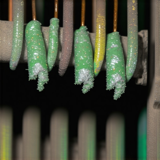 Close-up of a corroded engine ground strap showing copper oxidation and high resistance.