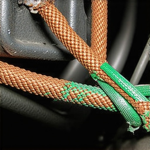 Frayed and oxidized copper ground strap on a vehicle chassis causing electrical resistance