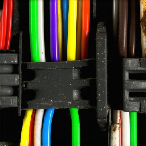Close-up of frayed and oxidized wires inside a vehicle door hinge bellows affecting the airbag system.