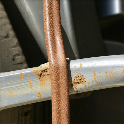 A frayed and rusted automotive ground strap causing electrical interference.