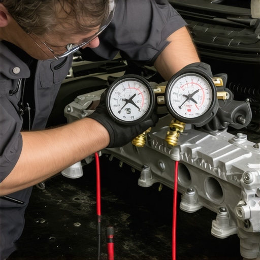 Automotive technician conducting a leak down test on a car engine to diagnose internal compression loss.
