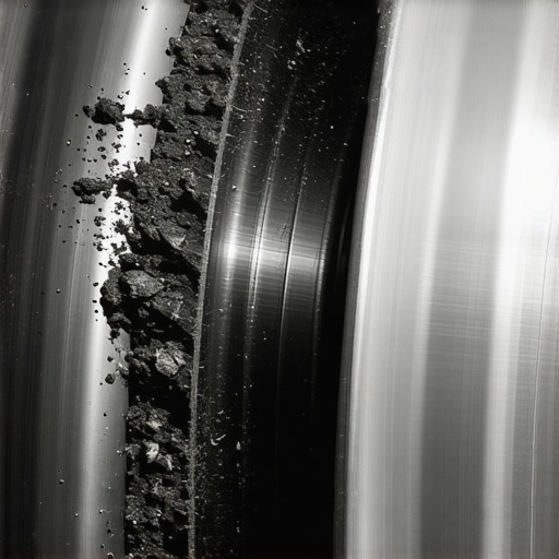 Close-up of a dirty automotive pulley showing road grime and rubber dust trapped between the ribs.