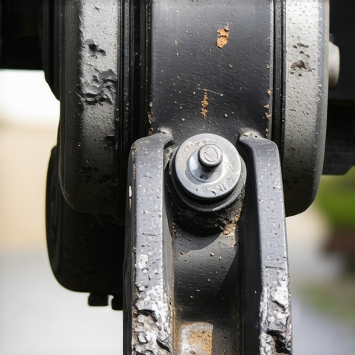 Close-up of a cracked rubber automotive bushing on a metal suspension part