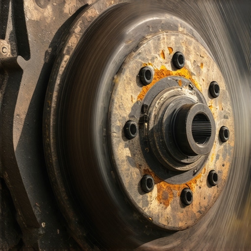 A close-up shot showing surface rust on a vehicle's brake rotor and the surrounding caliper hardware.