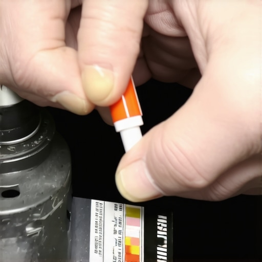 A technician testing brake fluid copper levels using a diagnostic test strip to ensure ABS system longevity.