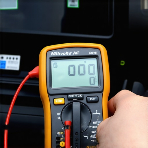 A multimeter measuring AC ripple on a car battery to detect failing alternator diodes.