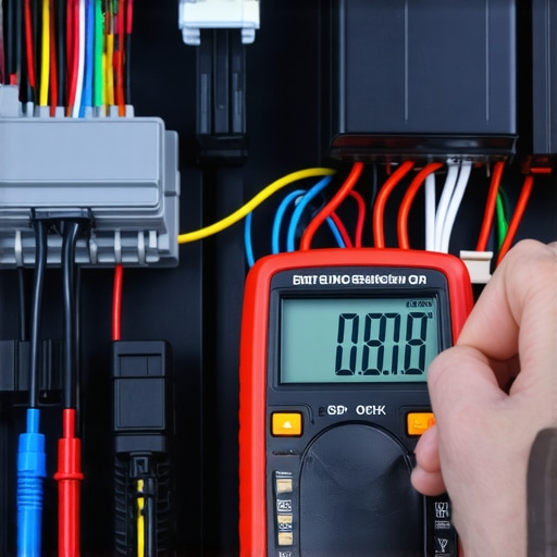A technician probes an ECU terminal with a multimeter to verify the starting signal.