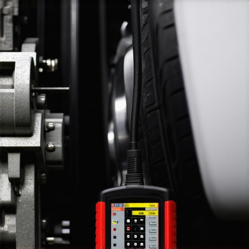 A technician using a scan tool to put a vehicle into brake service mode.