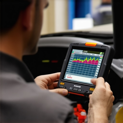 A close-up of a mechanic's hand holding an OBD-II scanner displaying fuel trim graphs for engine diagnostics.