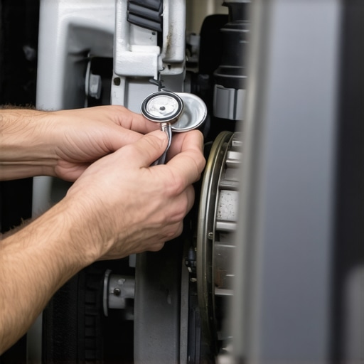 A mechanic using a stethoscope on an A/C compressor to identify bearing failure during an auto repair.