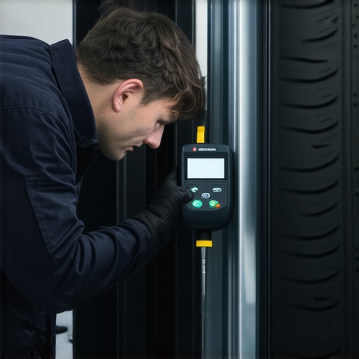A mechanic measuring tire tread depth to diagnose why a steering wheel is off-center.