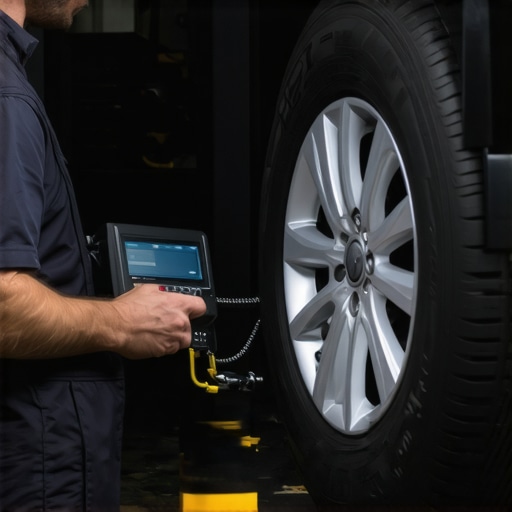Technician testing a tire for internal belt shifts and road force variations to rule out steering pull.