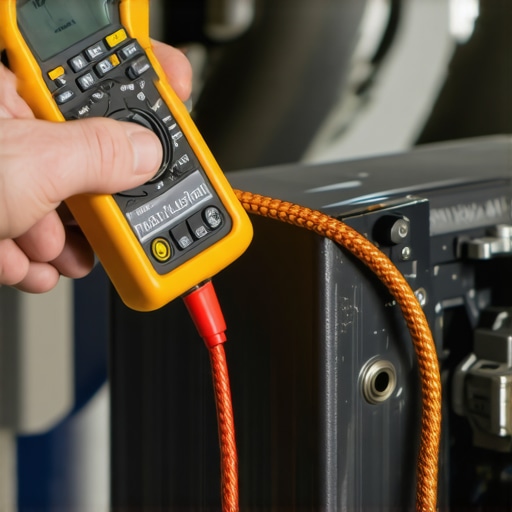 A technician using a multimeter to check the voltage drop on an engine ground strap.