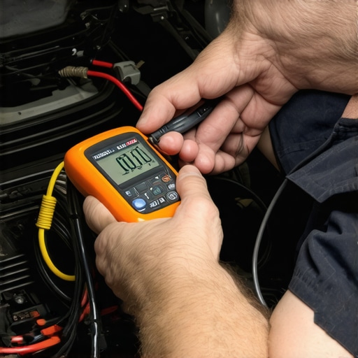 Mechanic testing electrical resistance on a vehicle starter motor during a heat-soak diagnostic.