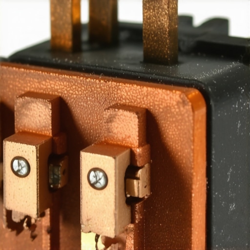 Close-up of internal electrical contacts of an automotive relay showing carbon buildup and damage.