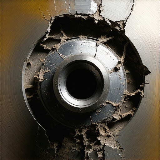 Close up of a rusted and debris-clogged ABS tone ring on a car wheel hub.