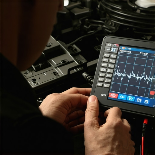 Mechanic testing CAN-bus signal integrity on a car with water damage using an oscilloscope.