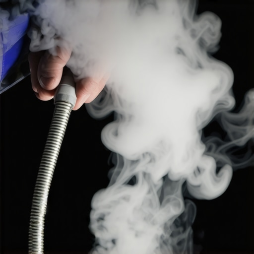 A mechanic using a smoke machine to identify a cracked vacuum line in a car engine.