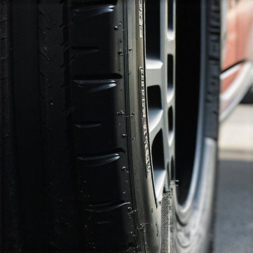Close-up of excessive inner edge tire wear alongside a complex automotive multi-link suspension system.