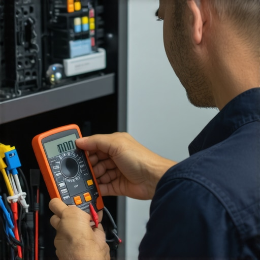A mechanic using a multimeter on a vehicle fuse box to identify electrical issues.