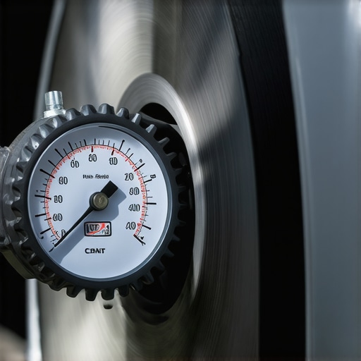 Close-up of a professional mechanic using a dial indicator to check for lateral run-out on a brake rotor.