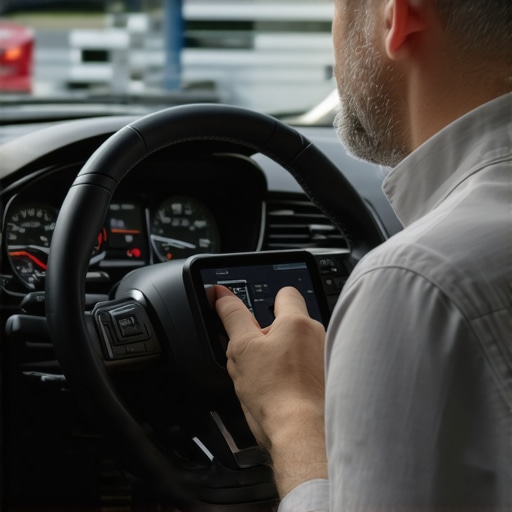 A mechanic calibrating a car's steering angle sensor using a modern diagnostic tool.