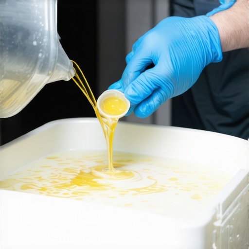Close up of a mechanic draining a milky oil-water emulsion from a vehicle engine after a flood.