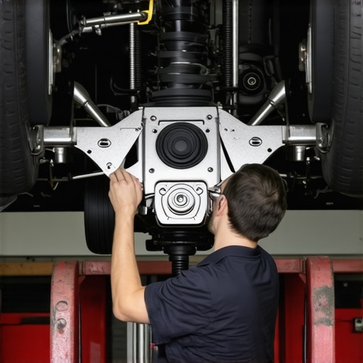 Mechanic performing laser alignment calibration on a modern vehicle's rear multi-link suspension
