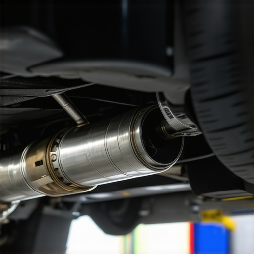 A mechanic using electronic chassis ears to identify the source of an exhaust rattle on a vehicle undercarriage.