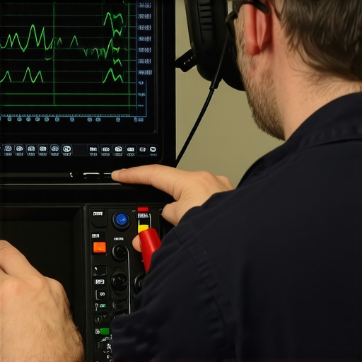 Mechanic using an oscilloscope to diagnose transmission solenoid electrical signals.