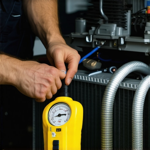 Professional vacuum coolant refill tool connected to a car radiator to prevent air pockets.