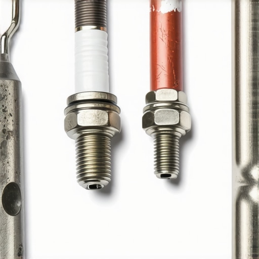 Clean versus carbon-fouled spark plug comparison on a workbench.