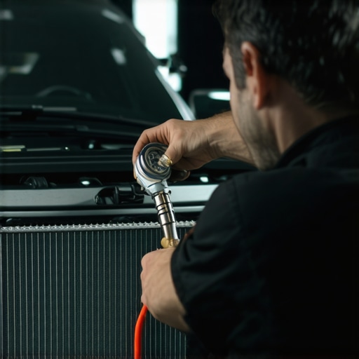 A mechanic checking for coolant leaks in a modern engine bay using a pressure gauge tool.