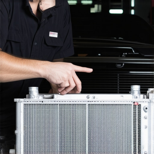 Close-up of a silver auxiliary transmission oil cooler mounted behind the front grille of a vehicle.