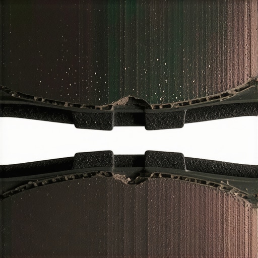 Close-up of a glazed brake pad and a healthy brake pad showing friction material difference.