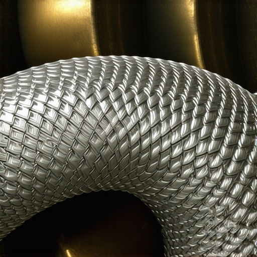Braided stainless steel flex pipe showing heat wear and exhaust support hangers on a vehicle underside.